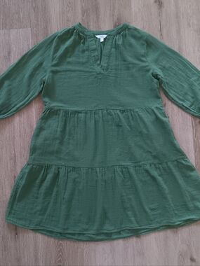 Forest Green Tiered V-Neck Gauzy Cotton Dress 8-10 Medium 3/4 Ballon Sleeve Boho